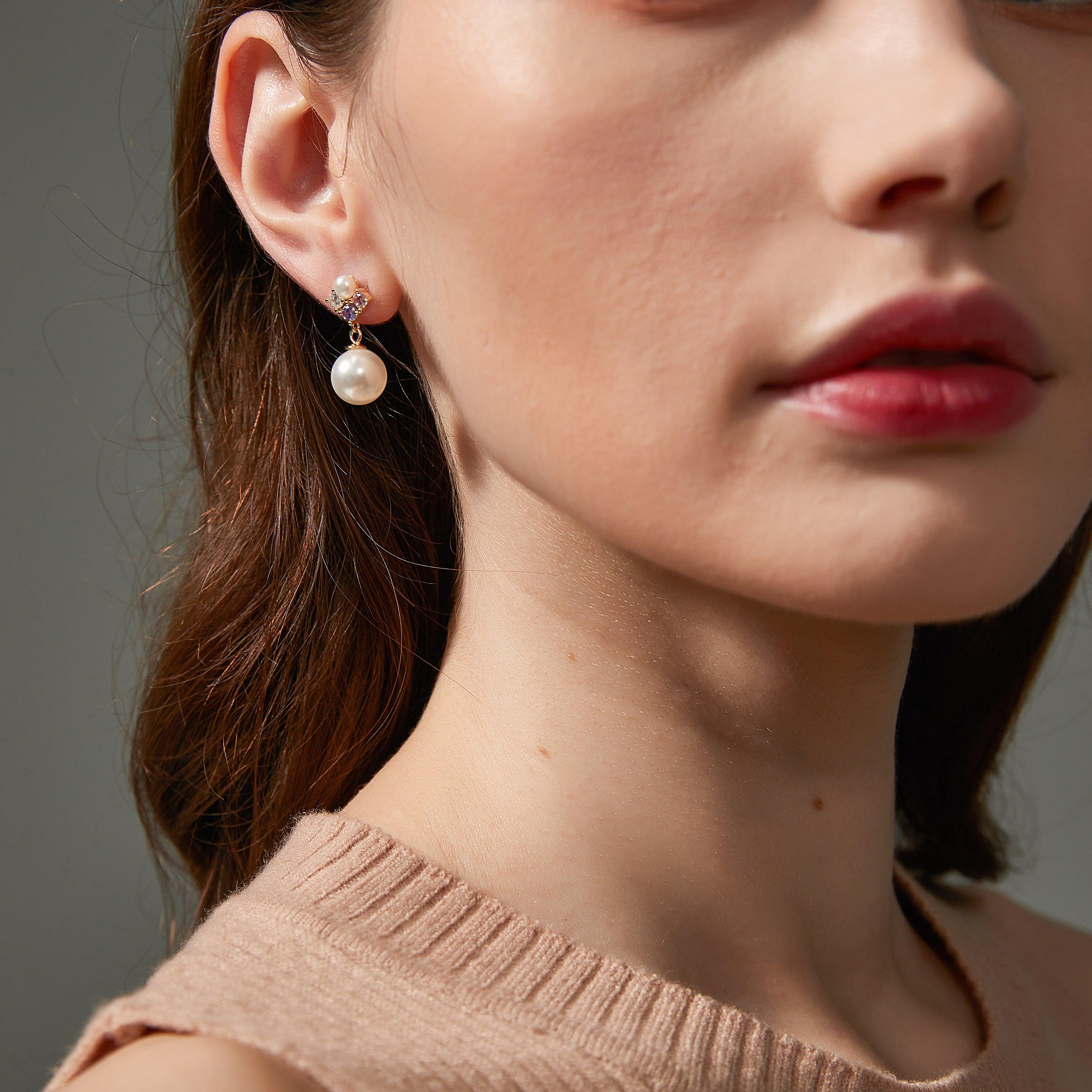 18K Gold CZ Pearl Earrings 4