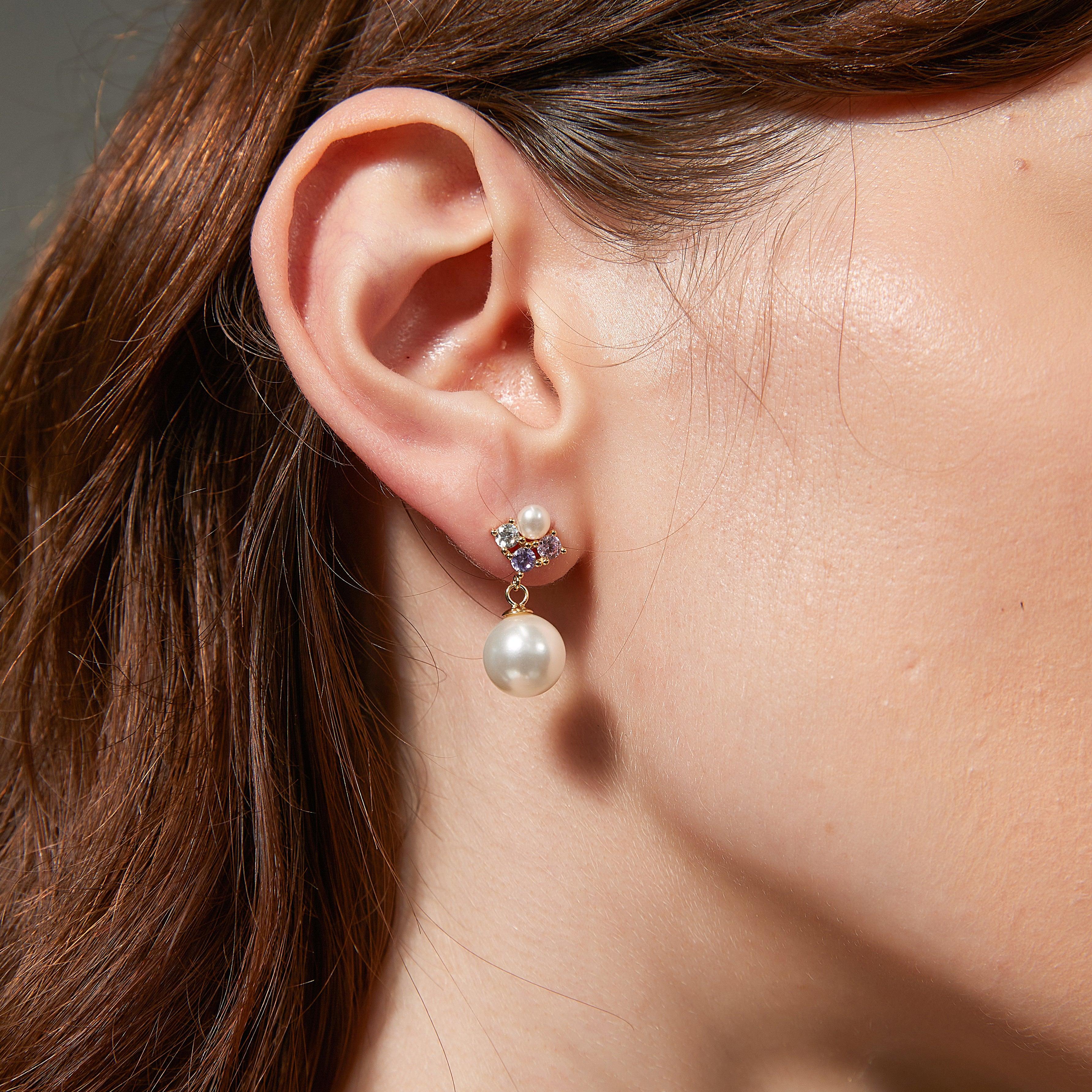 18K Gold CZ Pearl Earrings 3